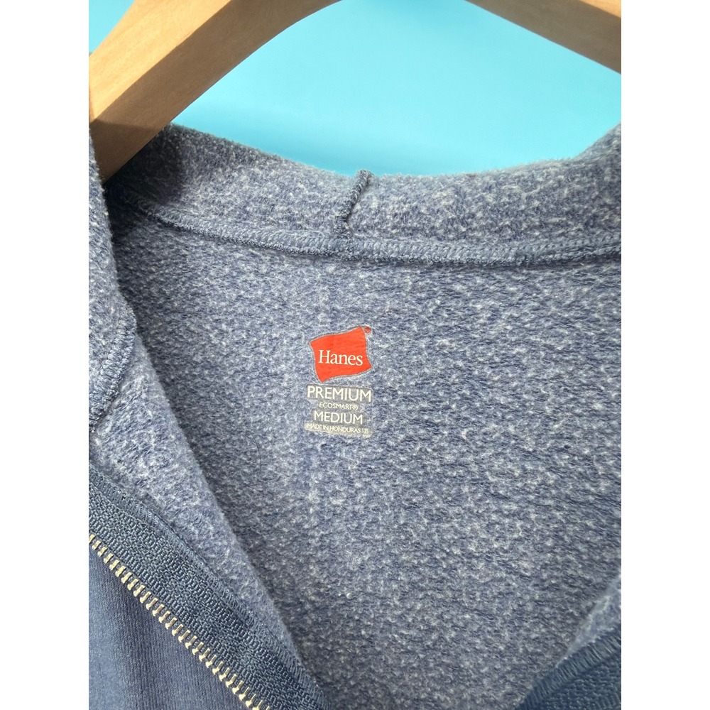 Hanes Premium EcoSmart Mens Medium Blue Full Zip Hoodie Sweatshirt Fleece Pocket - Picture 2 of 5